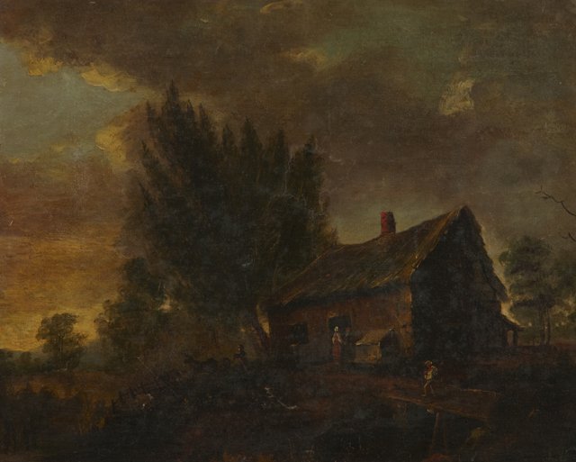 Continental School, "Country Road by a Thatched Ro: Continental School, "Country Road by a Thatched Roof House," 19th c., oil on canvas, unframed, H.- 16 in., W.- 20 in.