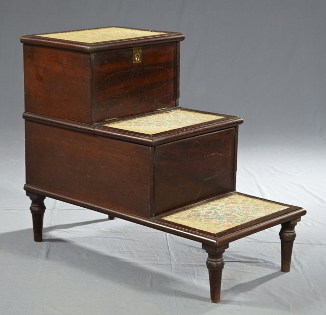 Unusual French Carved Mahogany Bed Steps, c. 1860,: Unusual French Carved Mahogany Bed Steps, c. 1860, with inset needlepoint steps, with a fall front upper compartment with incised carving, over a cantilevered second step which activates a slide out b