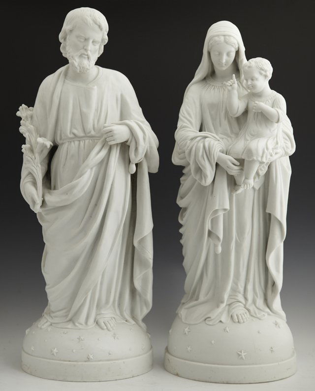 Pair of Large Parian Figures, 19th c., of St. Jose: Pair of Large Parian Figures, 19th c., of St. Joseph, and the Madonna and Child, 19th c., standing on a star studded orb, each impressed "L & M, 60," H.- 25 in., Dia.- 8 1/2 in.