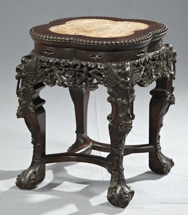 Oriental Carved Rosewood Marble Top Tabouret, earl: Oriental Carved Rosewood Marble Top Tabouret, early 20th c., the lobed top with an inset pink marble over a well carved pierced bird and floral decorated skirts, on cabriole legs with bird and floral 