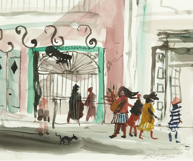 Noel Rockmore (1928-1995), "Preservation Hall," 19: Noel Rockmore (1928-1995), "Preservation Hall," 1970, Watercolor, signed, dated and titled l.r, framed, H.- 10 1/2 in., W.- 12 3/4 in.