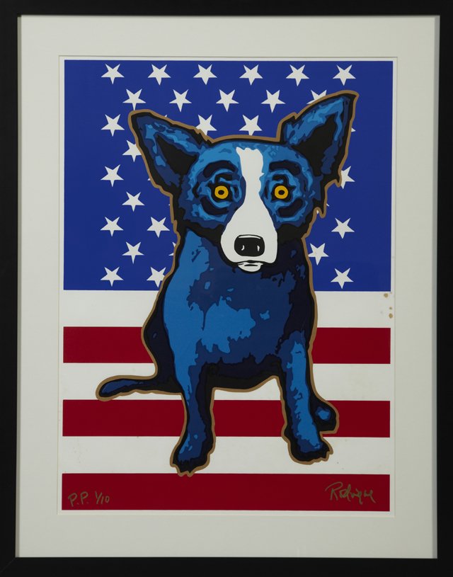 George Rodrigue (1944-), "Red, White and Blue Dog: George Rodrigue (1944-), "Red, White and Blue Dog" 20th c., press proof, marked "Press Proof 1/10" l.l., signed l.r., framed, H.- 28 in., W.- 20 1/2 in.