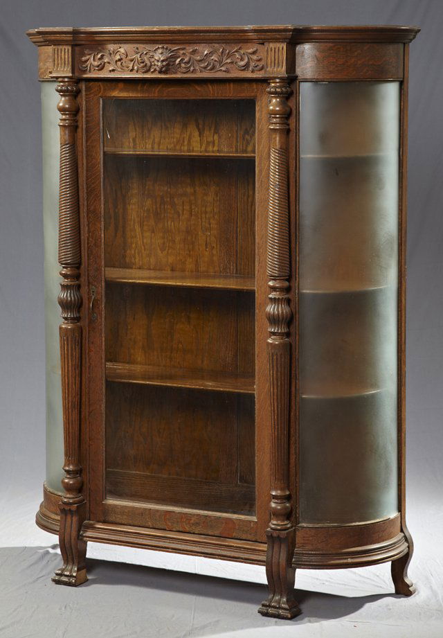 917: Carved Oak Curved Glass Curio Cabinet, c. 1900, th ...