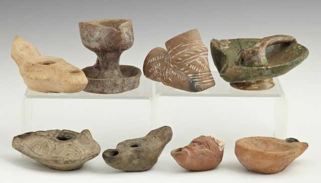 Group of Eight Ancient Earthenware Oil Lamps, Saud: Group of Eight Ancient Earthenware Oil Lamps, Saudi Arabia, possibly Roman. (8 Pcs.)