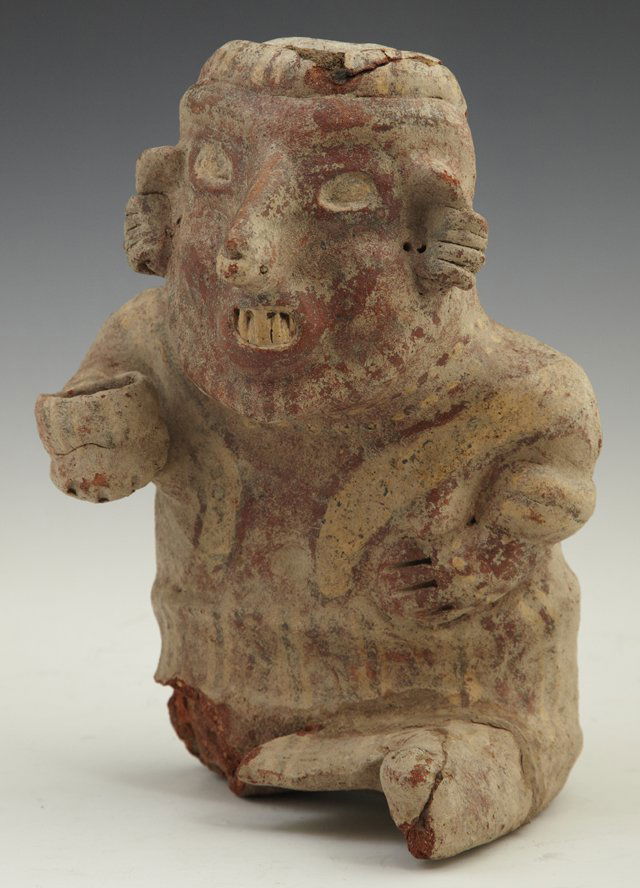 Pre-Columbian Earthenware Figure of a Seated Man,: Pre-Columbian Earthenware Figure of a Seated Man, with a cup, losses, H.- 9 1/2 in., W.- 7 in., D.- 5 in.