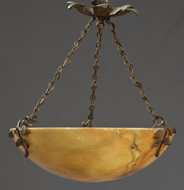 Alabaster Domed Chandelier, early 20th c., the in: Alabaster Domed Chandelier, early 20th c., the interior with three lights, with chains and canopy, H.- 4 1/2 in., Dia.- 14 in.
