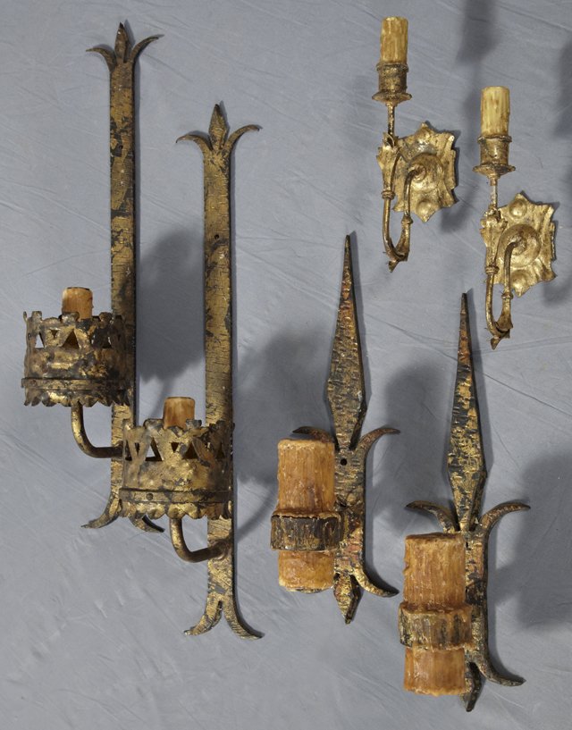 Group of Six Iron Single Light Sconces, early 20t: Group of Six Iron Single Light Sconces, early 20th c., two pair in the medieval style, and one pair gilt. (6 Pcs.)