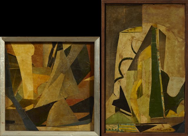 Juan Jose Calandria, "Abstract," 20th c., pair of: Juan Jose Calandria, "Abstract," 20th c., pair of collages on panel, signed l.r., framed, H.- 12 3/4 in., W.- 7 7/8 in., and H.- 8 3/4 in., W.- 8 1/2 in.