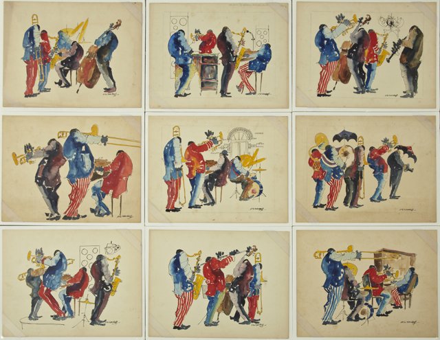 Leo Meiersdorff (1934- ), "Jazz Musicians," 20th: Leo Meiersdorff (1934- ), "Jazz Musicians," 20th c., group of 9 watercolors, each signed and shrink wrapped, H.- 15 in., W.- 20 in.