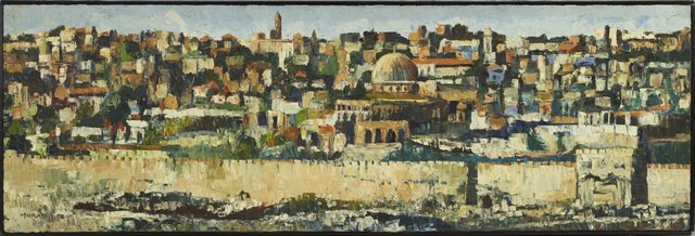 Abdullah Murad (1944-), "View of Jerusalem," 1966: Abdullah Murad (1944-), "View of Jerusalem," 1966, oil on canvas, signed and dated l.l., framed, H.- 17 1/2 in., W.- 53 3/4 in.