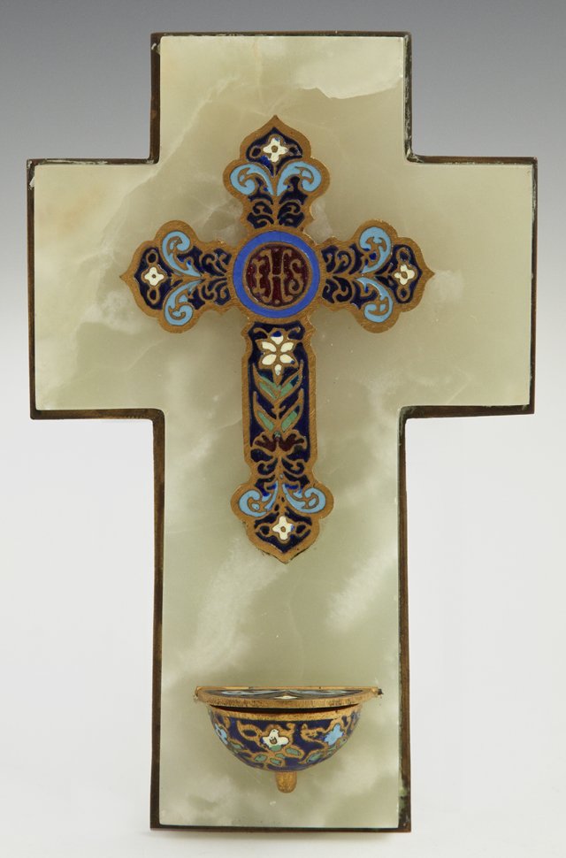 French Champleve On Bronze and Green Onyx Holy Wa: French Champleve On Bronze and Green Onyx Holy Water Font, 19th c., with a bronze back plate, H.- 6 1/2 in., W.- 4 1/8 in., D.- 1 1/4 in.