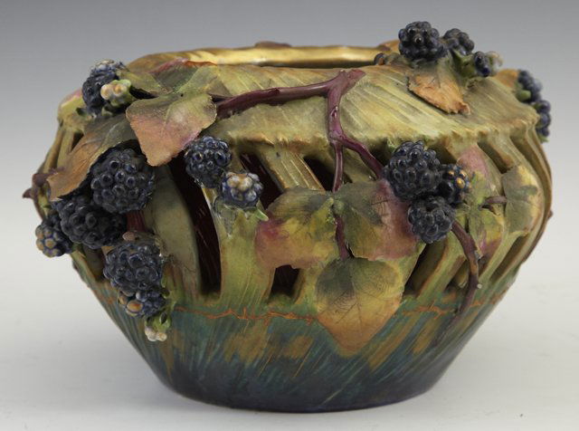 Amphora Pottery Bowl, early 20th c., #3808, 45, w: Amphora Pottery Bowl, early 20th c., #3808, 45, with relief blackberry and leaf decoration, the underside with an impressed crown mark, "Austria, Amphora, and 3808, 45," H.- 5 1/2 in., Dia.- 10 in.