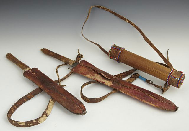 Group of Three Amazonian Indian Objects, 20th c.,: Group of Three Amazonian Indian Objects, 20th c., consisting of two machetes and sheaths, and a beaded bamboo poison dart quiver. (3 Pcs.)