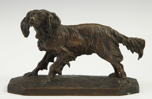 After Pierre-Jules Mene (1810-1879), "Retriever,": After Pierre-Jules Mene (1810-1879), "Retriever," late 19th c., patinated bronze, on an integral octagonal base decorated as an oriental carpet, H.- 3 1/.2 in., W.- 5 3/8 in., D.- 2 1/2 in.