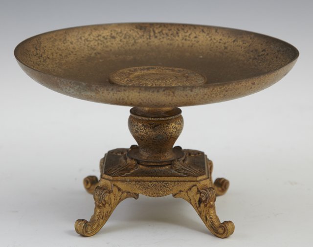 Tiffany Studios Bronze Dore Compote, early 20th c: Tiffany Studios Bronze Dore Compote, early 20th c., on a bulbous support, to a relief leaf decorated base on four scrolled feet, H.- 4 1/2 in., Dia.- 7 1/2 in.