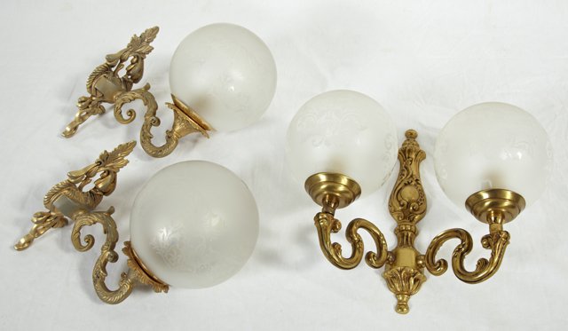 Group of Three Louis XV Style Brass Sconces, 20th: Group of Three Louis XV Style Brass Sconces, 20th c., consisting of a pair of single light examples and a double light example, all with etched frosted glass globes, Single- H.- 11 1/2 in., W.- 5 3/4 