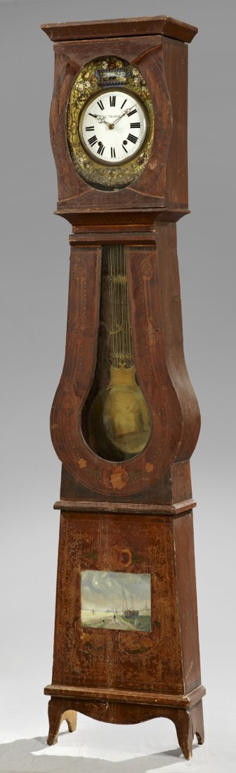 French Provincial Paint Decorated Tall Case Clock: French Provincial Paint Decorated Tall Case Clock, early 19th c., with a brass repousse face over an enamel dial marked "G. Tournoux," over a banjo form pendulum door, with a large brass lyre form pen