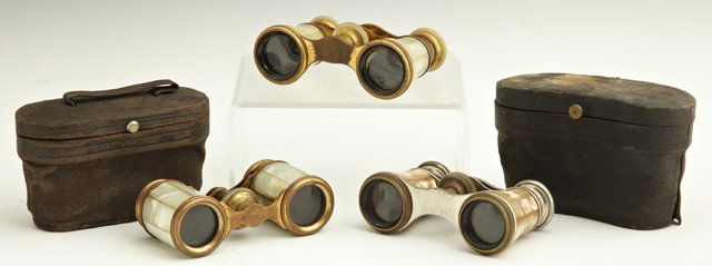 Three Pair of Mother-of-Pearl Opera Glasse: Three Pair of Mother-of-Pearl Opera Glasses, late 19th c., one by Griswold, New Orleans, one by Lamier, Paris, in a leatherette case, one unmarked, in a leatherette case. (3 Pcs.)