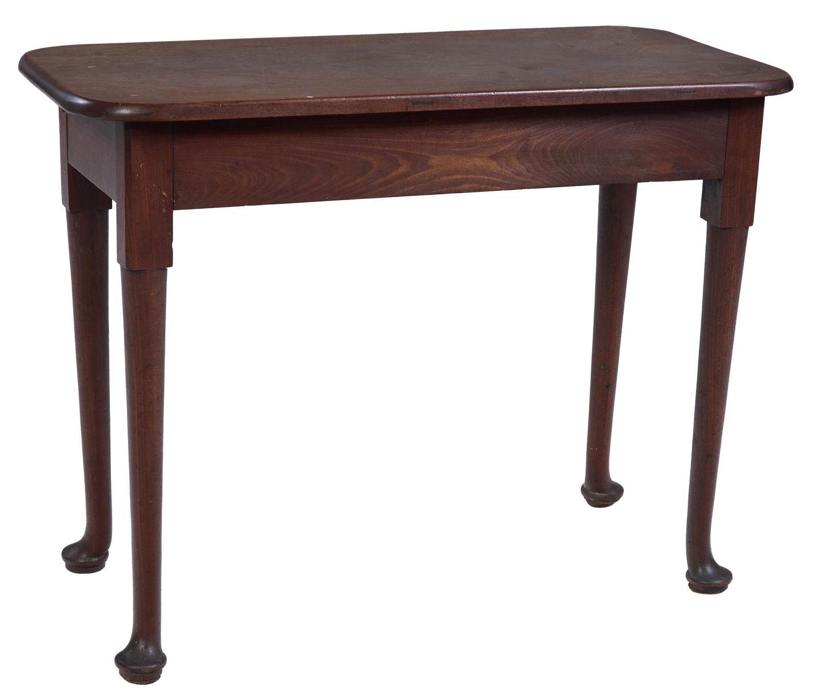 Antique Queen Anne Style Walnut Side Table, 19th c., H.- 28 in., W.- 36 1/4 in., D.- 17 3/4 in.: Antique Queen Anne Style Walnut Side Table, 19th c., the shaped single board top over chamfered blocked legs tapering into pad feet, H.- 28 in., W.- 36 1/4 in., D.- 17 3/4 in. Provenance: Bagatelle Pl