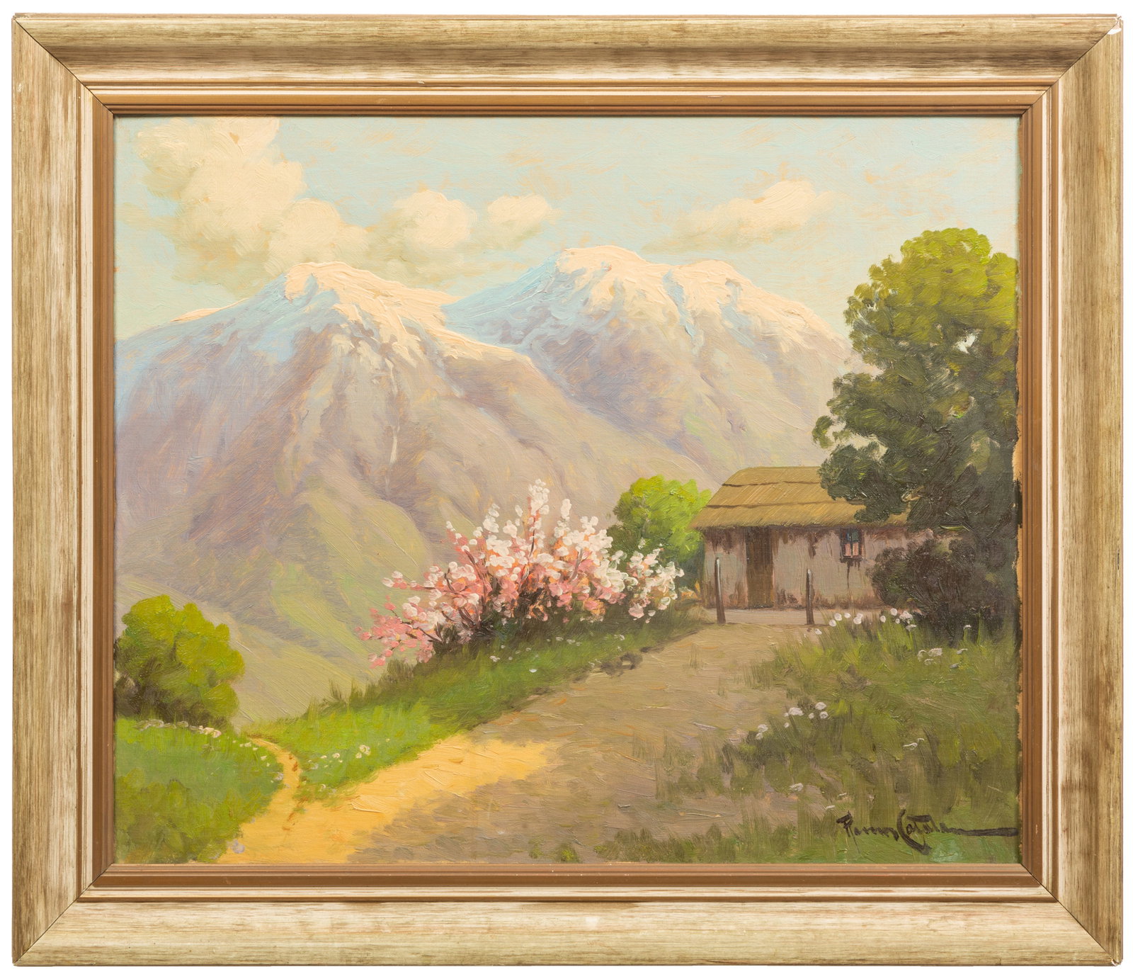 Benito Ramos Catalan (Chilean, 1888-1961), "Cabin in the Mountains Landscape," 20th c., H.- 19 3/4: Benito Ramos Catalan (Chilean, 1888-1961), "Cabin in the Mountains Landscape," 20th c., oil on masonite, signed "Ramos Catalan" lower right, presented in a wood and gesso frame, H.- 19 3/4 in., W.- 23