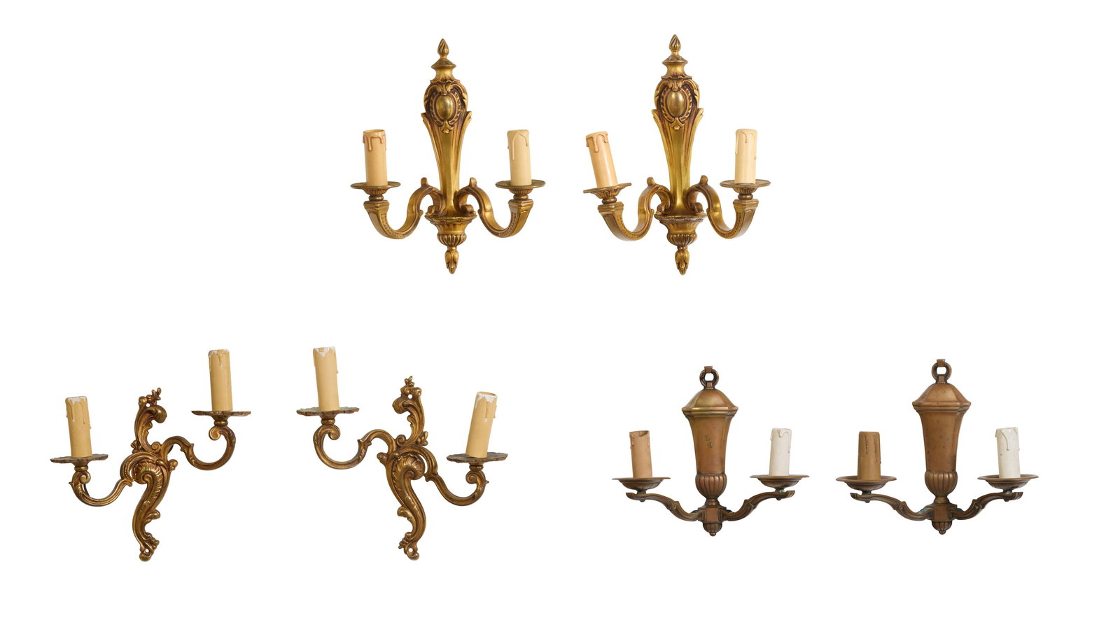Three Pairs of French Gilt Brass and Bronzed Metal Sconces, 20th c., Largest- H.- 13 in., W.- 10 1/2 (1 of 10)