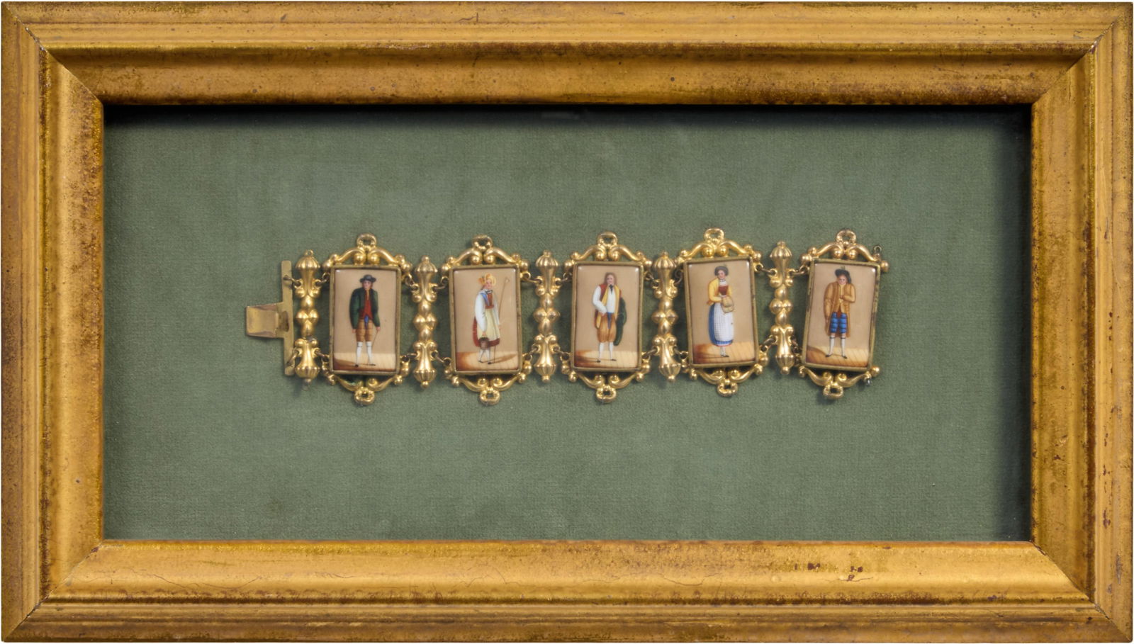 English Porcelain and Brass Link Bracelet, 19th c., Bracelet- H.- 2 in., W.- 7 1/4 in., Framed- H.- (1 of 3)