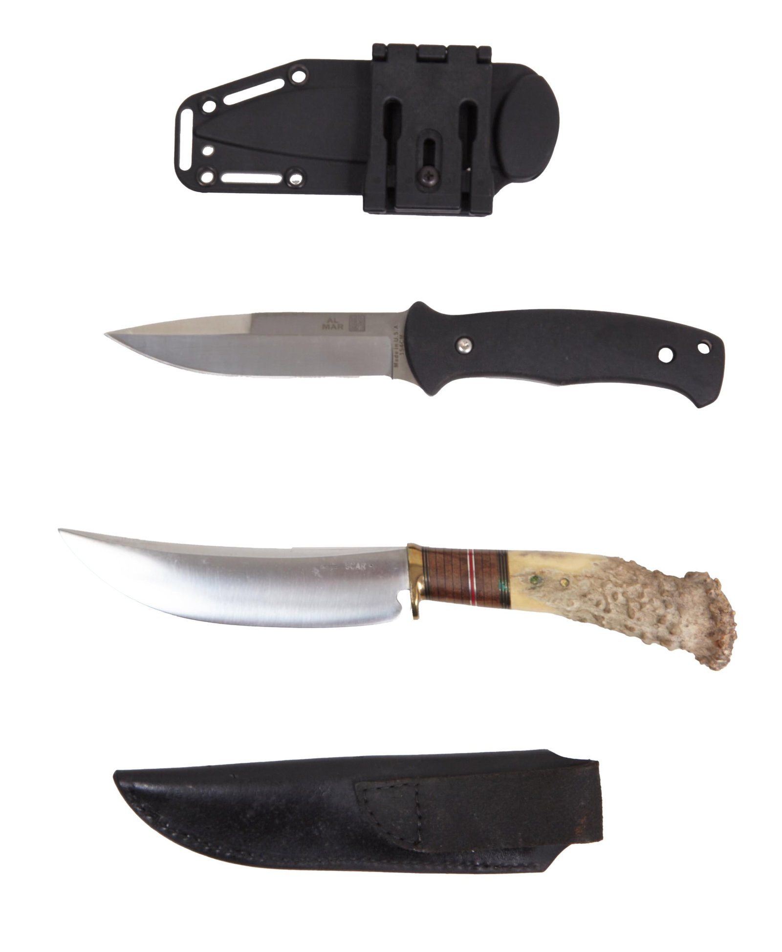 Pair of Hunting and Combat Knives, 20th c., Longer- L.- Blade- 7 in. (2 Pcs.): Pair of Hunting and Combat Knives, 20th c., consisting of an Al Mar "154 CM" fighting-style knife in a plastic sheath; together with a Bowie-style knife, marked "RM" on one side and "J.S." on the othe