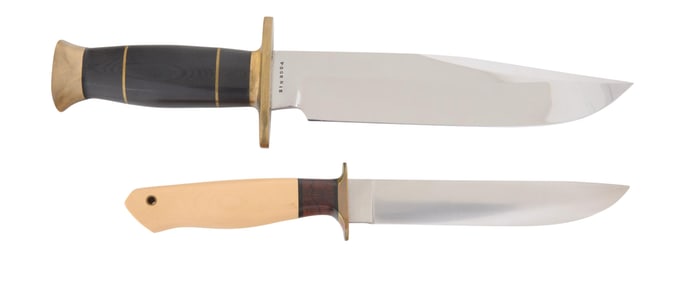 Two Bowie Style Knives, 20th c., Longer- L.- Blade- 8 1/2 in. (2 Pcs.)