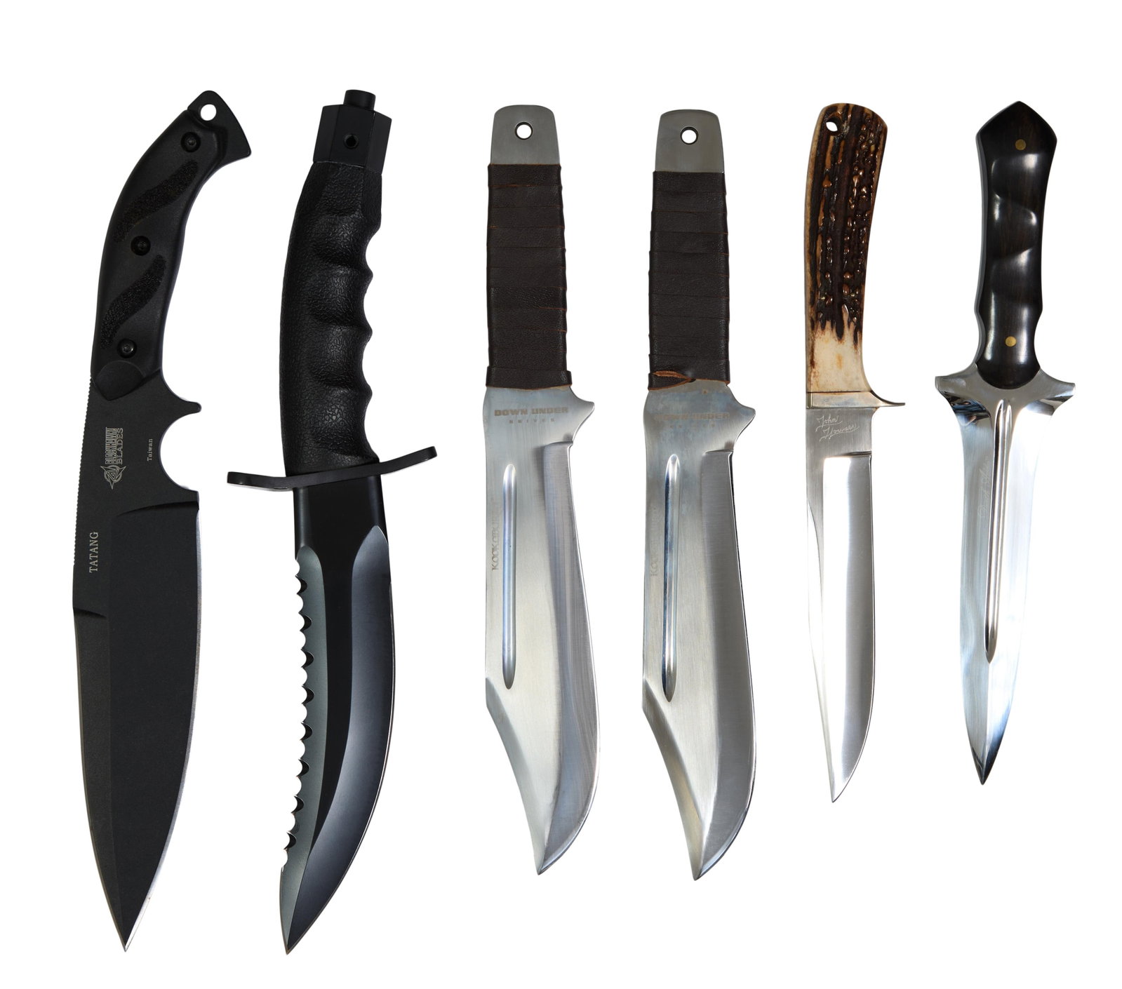 Group of Six Knives, 20th c., Longest- L.- Blade- 7 in. (6 Pcs.): Group of Six Knives, 20th c., consisting of a Blackhawk Blades "Tatang" with a 7 inch double-edged blade, in a web sheath, in original box; a John Howser camp style knife with a 5 1/2 inch, on a stag 