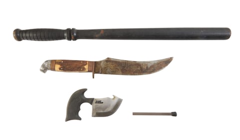 Group of Three Weapons, 20th c., Longer- L.- Blade- 8 1/2 in.; Baton- L.- 22 in. (4 Pcs.)