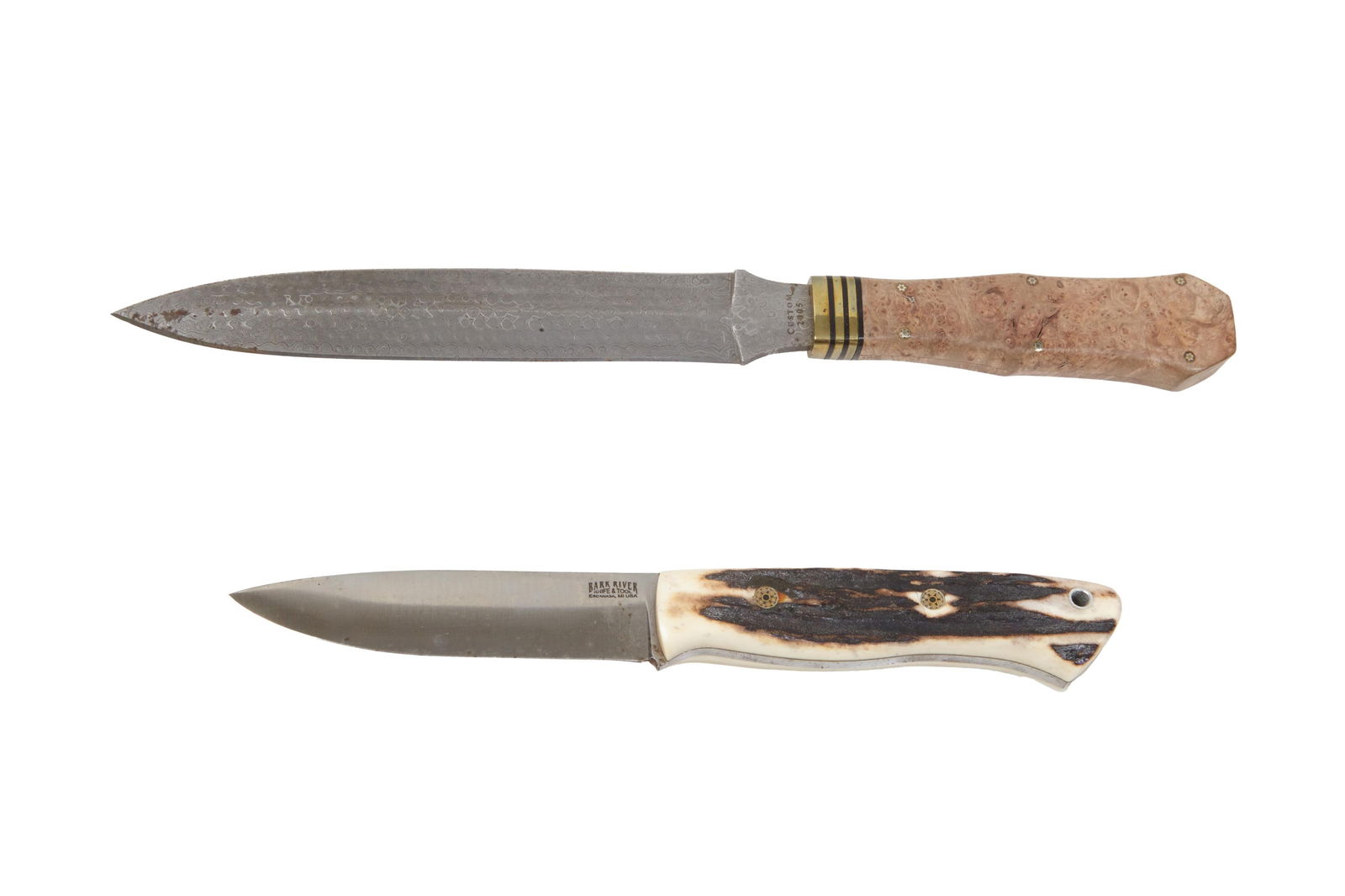 Two Bark River Knives, 21st c., Longer- L.- Blade- 7 3/4 in. (2 Pcs.): Two Bark River Knives, 21st c., consisting of a Bark River Aurora Sambar Stag Mosaic with a 4 1/4 inch blade in a leather sheath; together with a Bark River 2005 Knife of the Year Pacific Bowie Damasc