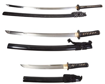 Three Samurai Swords, 21st c., Longest- L.- Blade- 33 in.; Shortest- L.- Blade- 13 in. (3 Pcs.)