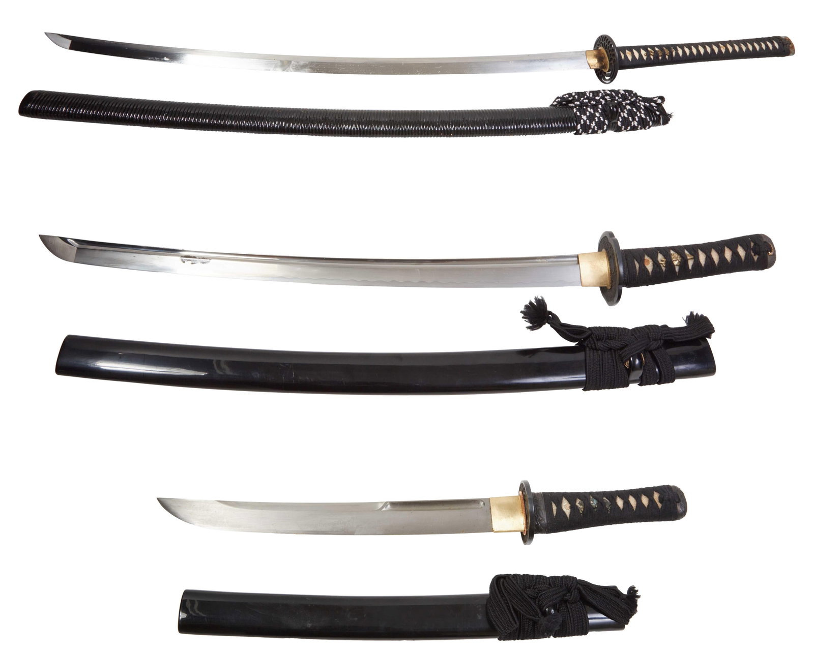 Three Samurai Swords, 21st c., Longest- L.- Blade- 33 in.; Shortest- L.- Blade- 13 in. (3 Pcs.): Three Samurai Swords, 21st c., consisting of a full length sword, a shorter sword, and tanto/dagger, and sheath, with two cloth covers, Longest- L.- Blade- 33 in.; Shortest- L.- Blade- 13 in. (3 Pcs.)