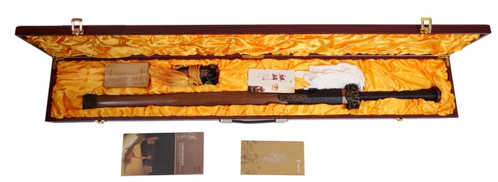 Japanese Fighting Sword, 21st c., Box- H.- 3 1/4 in., W.- 47 1/2 in., D.- 7 1/2 in.; L.- Blade- 30