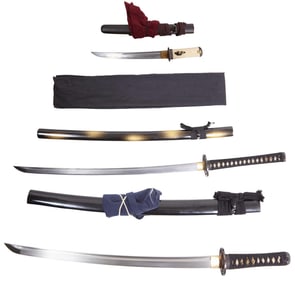 Three Samurai Swords, 21st c., Longest- L.- Blade- 28 in.; Shortest- L.- Blade- 12 in. (3 Pcs.)