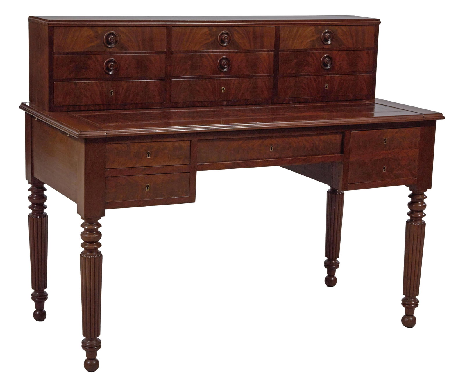 French Louis Philippe Mahogany Bureau Plat, mid 19th c., H.- 40-1/2 in., W.- 50 in., D.- 24 in.: French Louis Philippe Mahogany Bureau Plat, mid 19th c., the superstructure with restrained moulded top, bank of nine drawers in three rows, the leather writing surface extends forward, central drawer