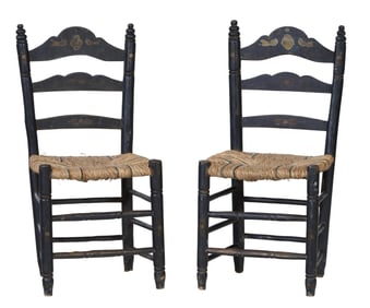 Pair of Spanish Primitive Painted Ladder Back Chairs, 19th c., Each- H.- 35 in., W.- 16 1/2 in., D.-
