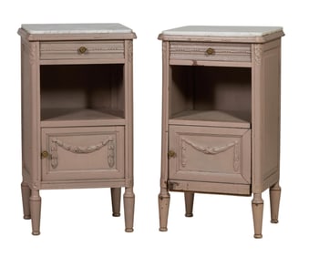 Pair of Louis XVI Style Marble Top Gris Peinte Nightstands, 20th c., Each- H.- 32 in., W.- 17 in.,