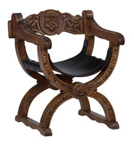 Spanish Renaissance Style Carved Walnut Savonarola Chair, 20th c., H.- 29 in., W.- 25 in., D.- 21