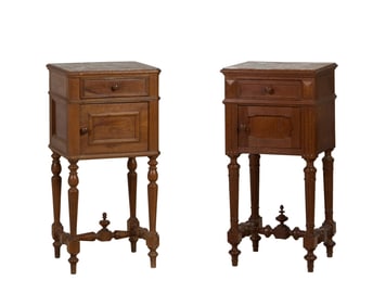 Two French Henry II Style Marble Top Walnut Nightstands, 19th c., Each- H.- 32 1/2 in., W.- 16 in.,