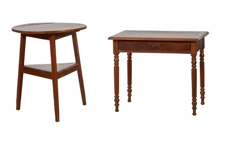 Two French Tables, 18th/19th c., Cricket- H.- 30 1/2 in., Dia.- 25 in.; Writing- H.- 27 1/4 in., W.-