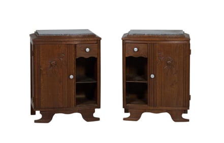 Pair of French Art Nouveau Marble Top Oak Nightstands, early 20th c., Each- H.- 27 1/2 in., W.- 21