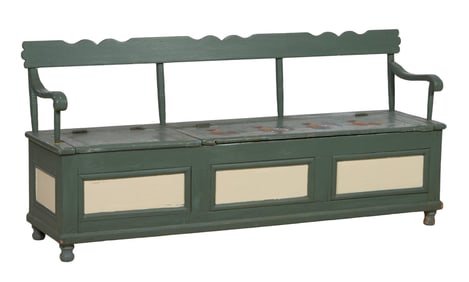American Primitive Polychromed Hall Bench, 19th c., H.- 34 in., W.- 74 in., D.- 18 1/2 in.