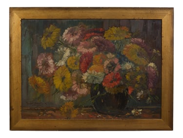 Attributed to Jacobus Jan Koeman (Dutch, 1889-1973), "Still Life with Zinnias," 20th c., Sight- H.-