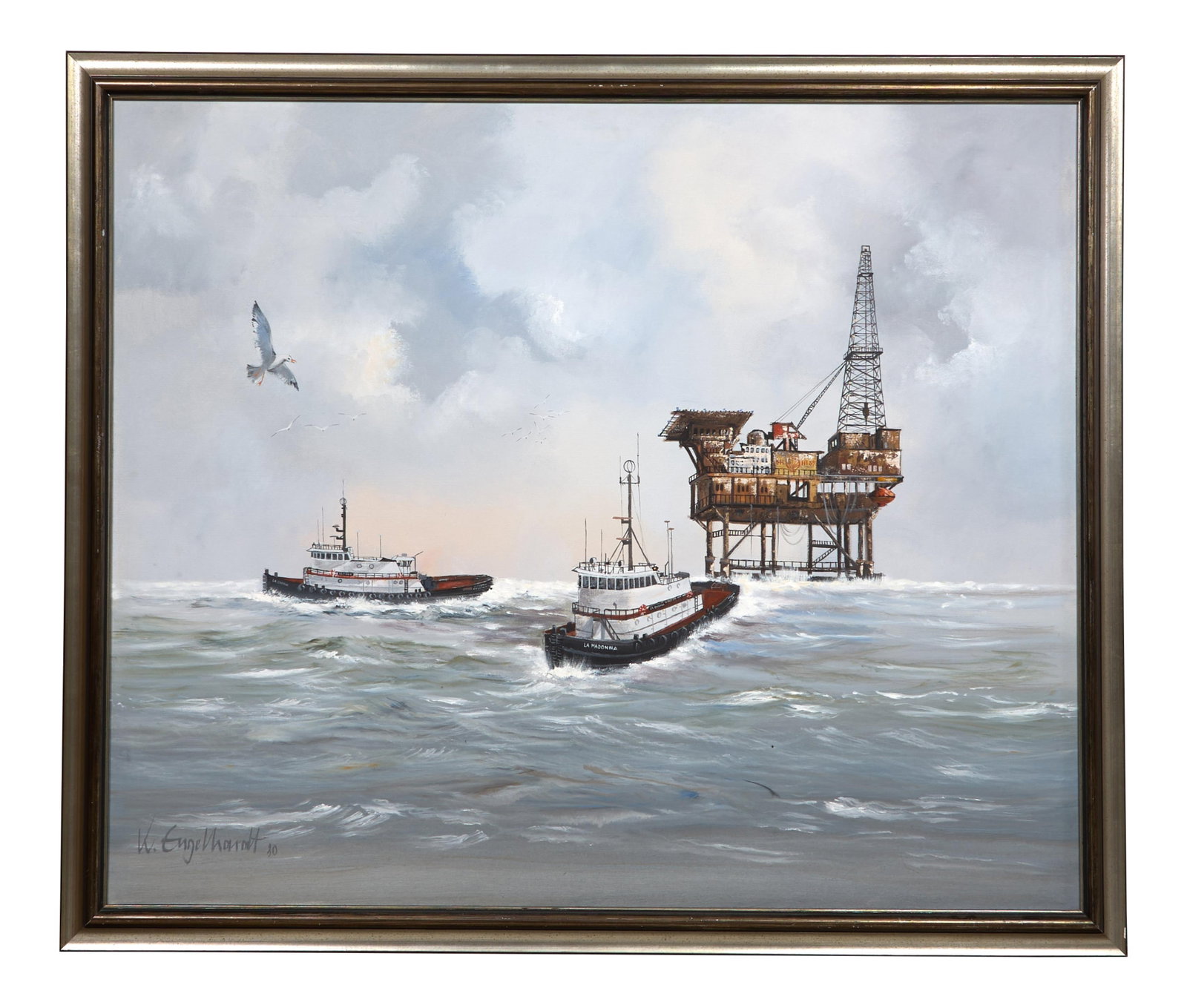 Walter Albert Engelhardt (American/California/Indiana, 1893-1956), "La Donna and La Cherie Going to: Walter Albert Engelhardt (American/California/Indiana, 1893-1956), "La Donna and La Cherie Going to the Rigs," 1980, oil on canvas, signed and dated lower left, presented in a silvered frame, H.- 40 i
