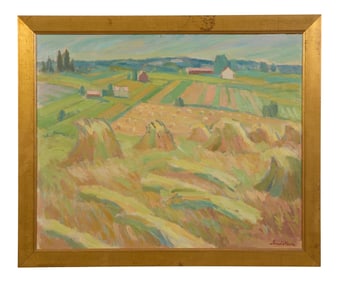 Knut Olson (Swedish, 1904-1978), "Topographical Landscape with Haystacks and Fields," Sight- H.- 17