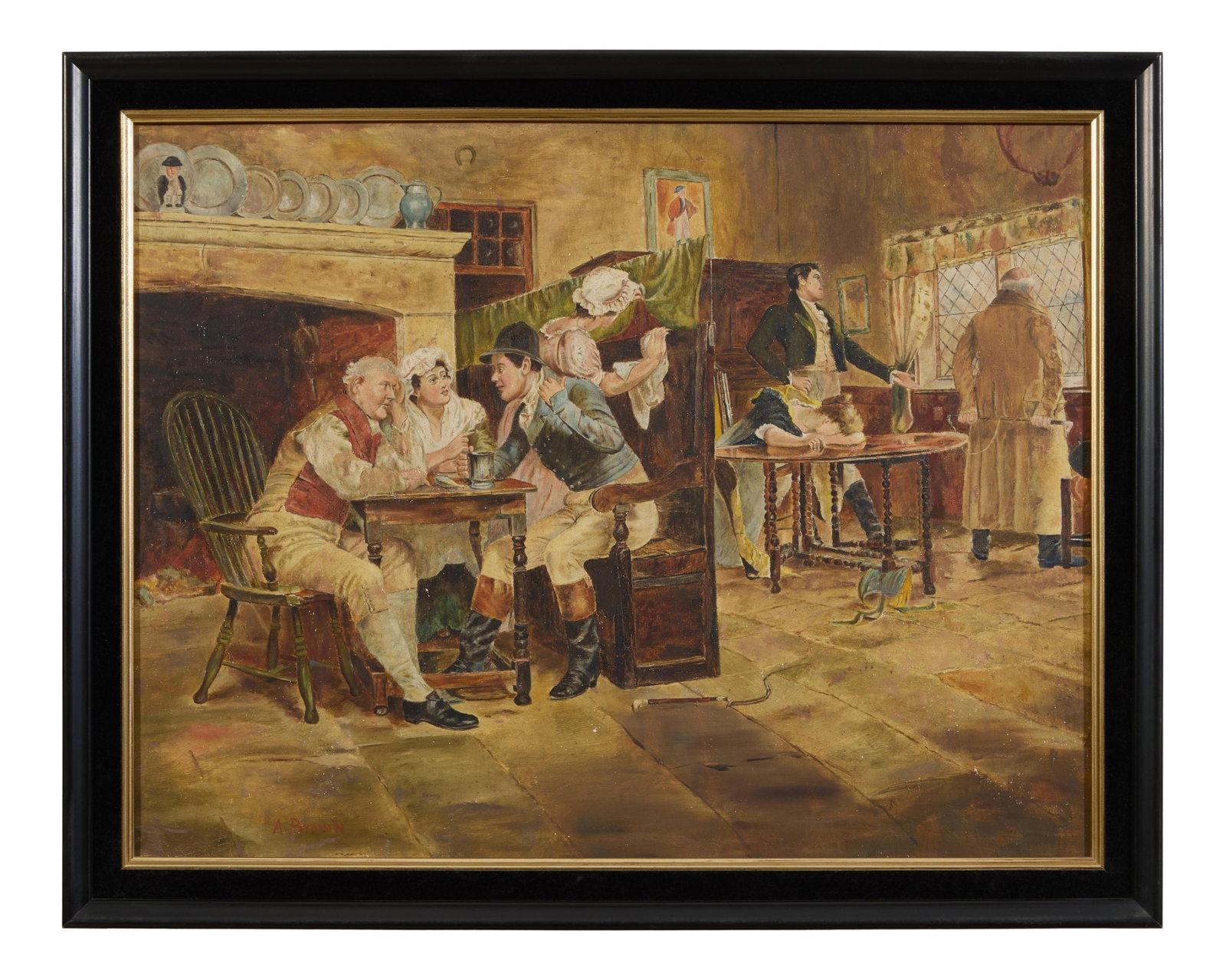 After John Arthur Lomax (English, 1857-1923), "Consolation/The Story of the Elopement," 1898, H.- 20: After John Arthur Lomax (English, 1857-1923), "Consolation/The Story of the Elopement," 1898, oil on canvas, signed "A. Brown" lower left, presented in a black wood frame, H.- 20 in., W.- 26 in., Fram
