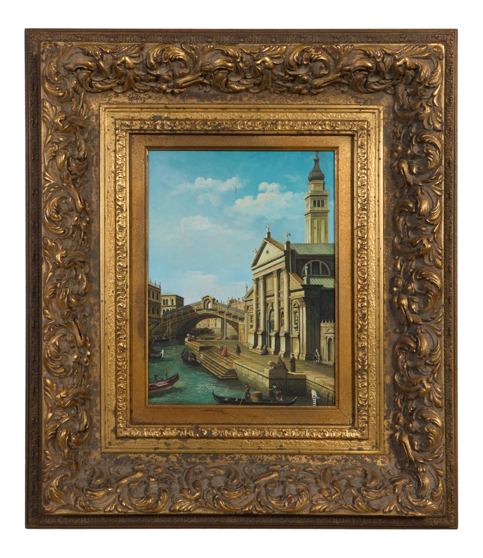 After Giovanni Antonio Canaletto (Italian, 1697-1768), "The Rialto Bridge and the Church of S.: After Giovanni Antonio Canaletto (Italian, 1697-1768), "The Rialto Bridge and the Church of S. Giorgio Maggiore, Venice," oil on wood panel, unsigned, presented in a giltwood frame, H.- 16 in., W.- 12
