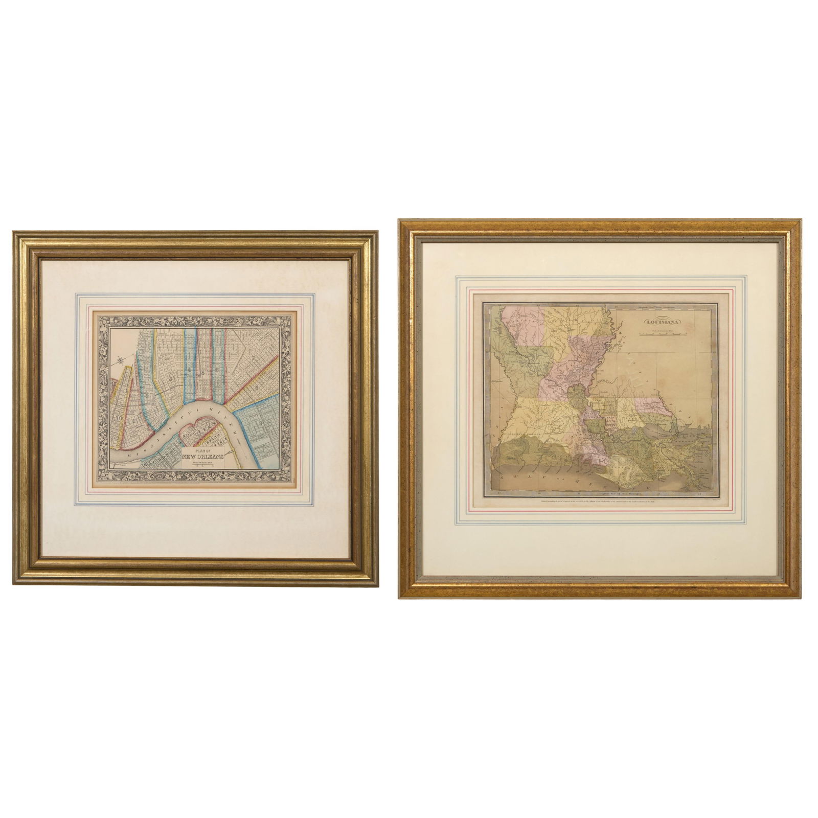Two Hand-Colored Maps of Louisiana, 19th c., Louisiana- Sight- H.-11 1/4 in., W.- 13 1/4 in.,: Two Hand-Colored Maps of Louisiana, 19th c., consisting of "Louisiana" 1834, engraving, by David Hugh Burr; together with "Plan of New Orleans," 1860, lithograph, by S. Augustus Mitchell, each present