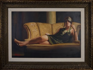 Peter O'Neill (American/Florida/New Orleans, b. 1955), "Reclining Woman on Green Couch," H.- 24 in.,